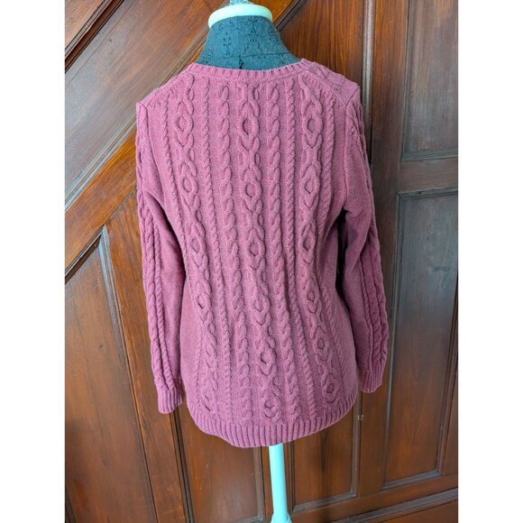 L.L.Bean Womens Cable Knit Sweater M Maroon Crewneck 100% Cotton Long Sleeve - Picture 2 of 8